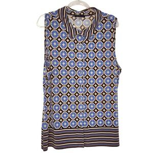 Tommy Hilfiger Sleeveless Button Up Blouse Top Blue Brown Geometric XL EUC